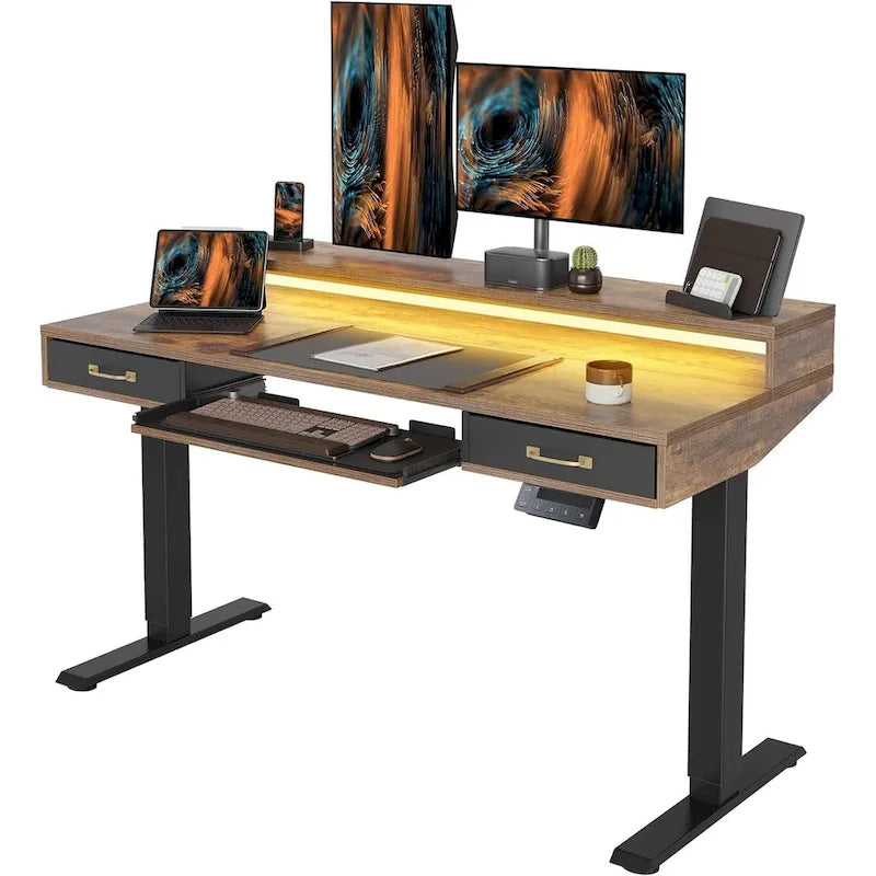 In hoogte verstelbaar elektrisch zit-sta bureau met dubbele laden, toetsenbordlade en LED-strips