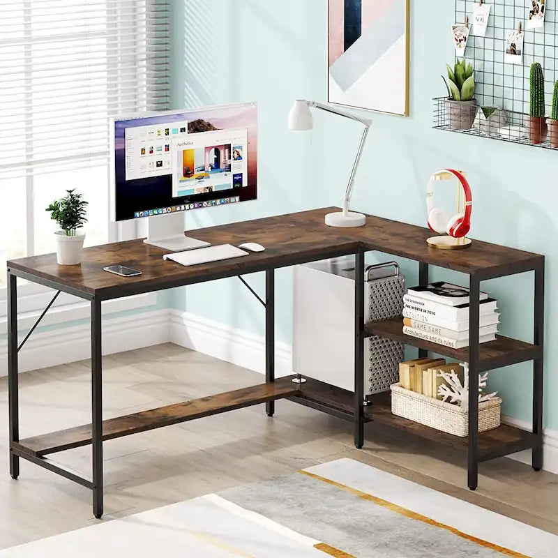 L-Shaped Corner Desk with Reversible Storage Shelf