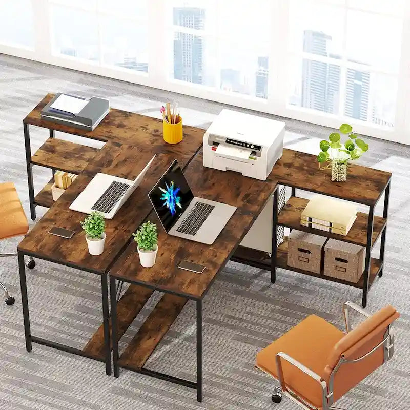 L-Shaped Corner Desk with Reversible Storage Shelf