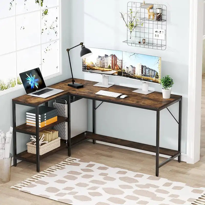 L-Shaped Corner Desk with Reversible Storage Shelf