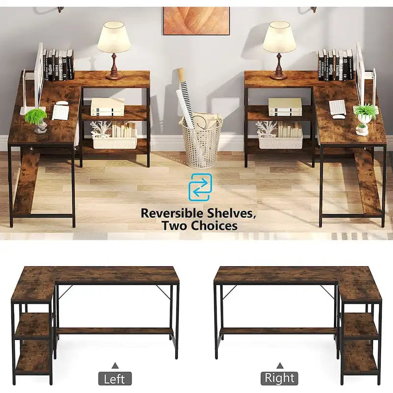 L-Shaped Corner Desk with Reversible Storage Shelf