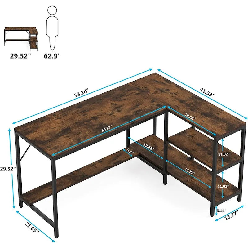 L-Shaped Corner Desk with Reversible Storage Shelf