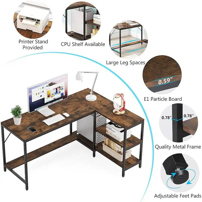 L-Shaped Corner Desk with Reversible Storage Shelf
