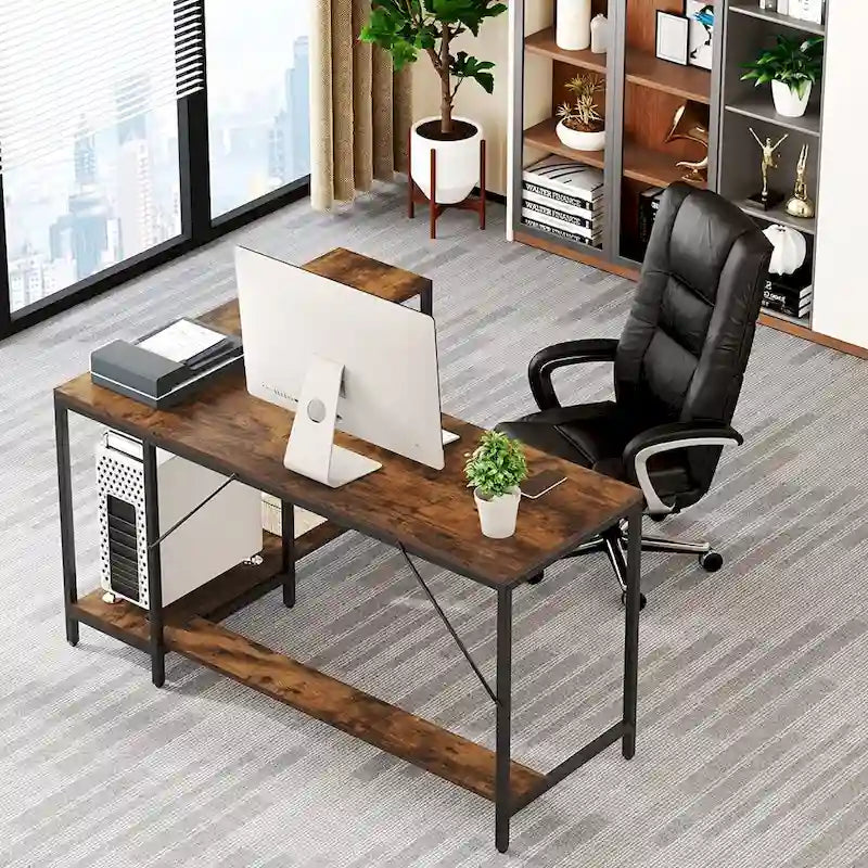L-Shaped Corner Desk with Reversible Storage Shelf