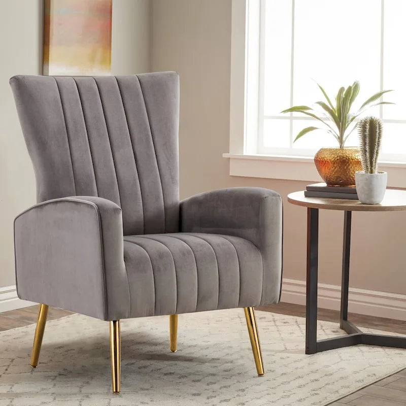 Velvet Wing Accent Chair with Gold Metal Legs