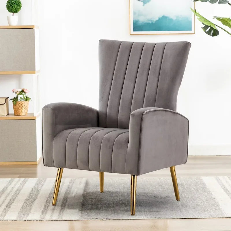 Velvet Wing Accent Chair with Gold Metal Legs