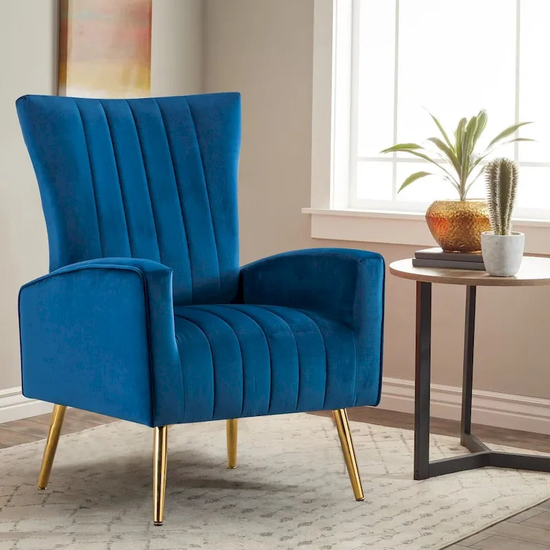 Velvet Wing Accent Chair with Gold Metal Legs