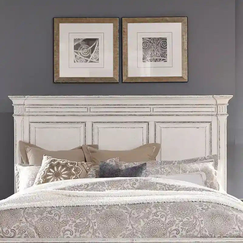 King Panel Headboard with Crown Molding – Antique White Finish