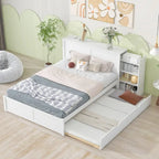 Full Size Storage Platform Bed with Pull-Out Shelves and Twin Trundle
