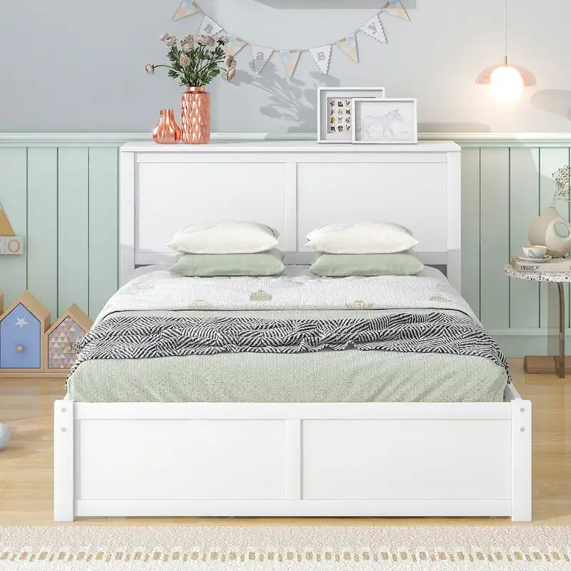 Full Size Storage Platform Bed with Pull-Out Shelves and Twin Trundle