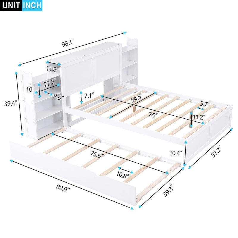 Full Size Storage Platform Bed with Pull-Out Shelves and Twin Trundle
