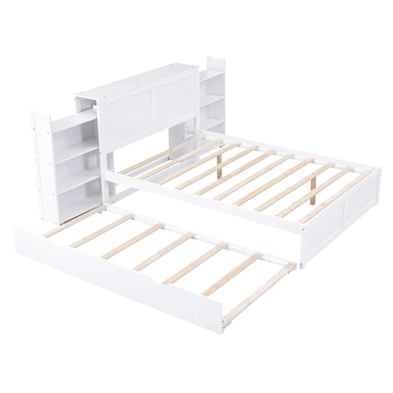 Full Size Storage Platform Bed with Pull-Out Shelves and Twin Trundle