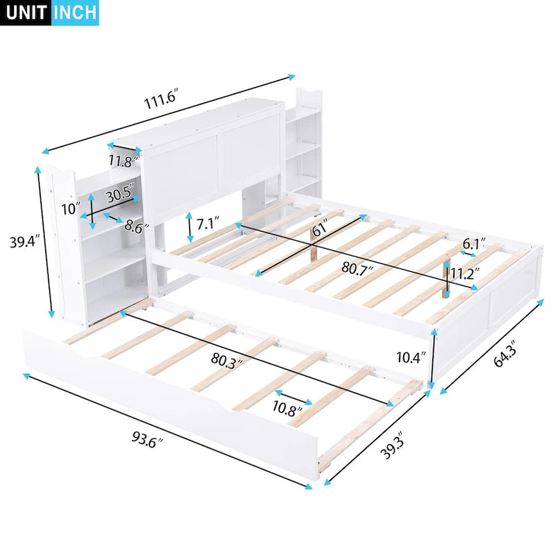 Full Size Storage Platform Bed with Pull-Out Shelves and Twin Trundle