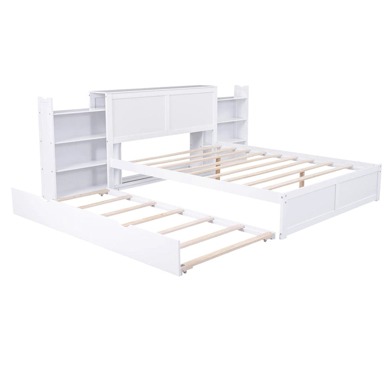 Full Size Storage Platform Bed with Pull-Out Shelves and Twin Trundle