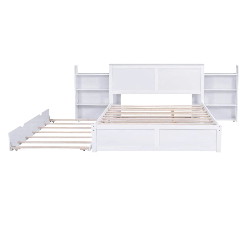 Full Size Storage Platform Bed with Pull-Out Shelves and Twin Trundle