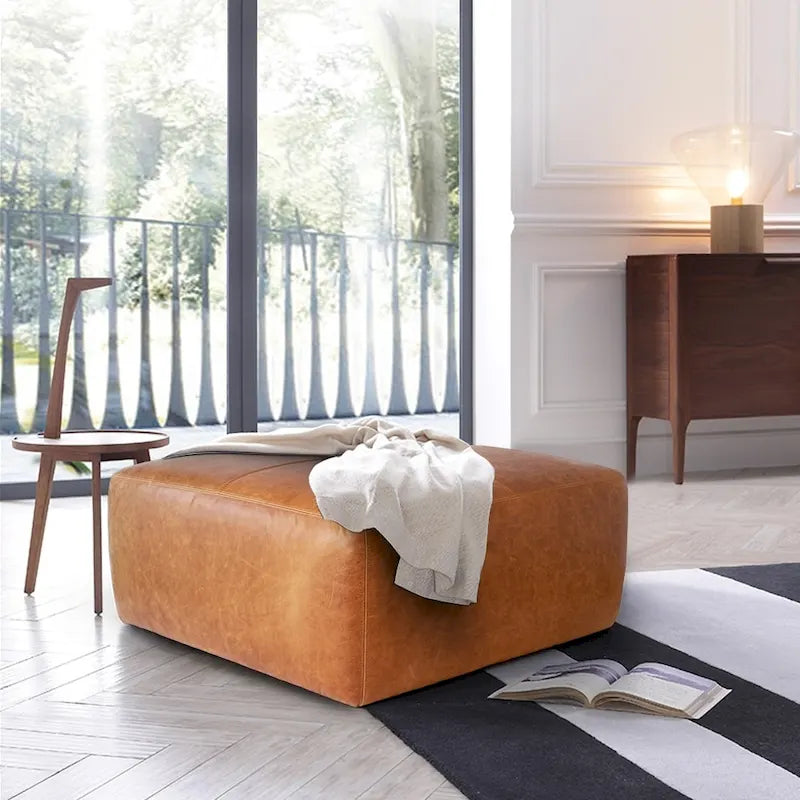 Full Grain Italian Leather Ottoman - Large Square Footrest with Feather Down Cushioning