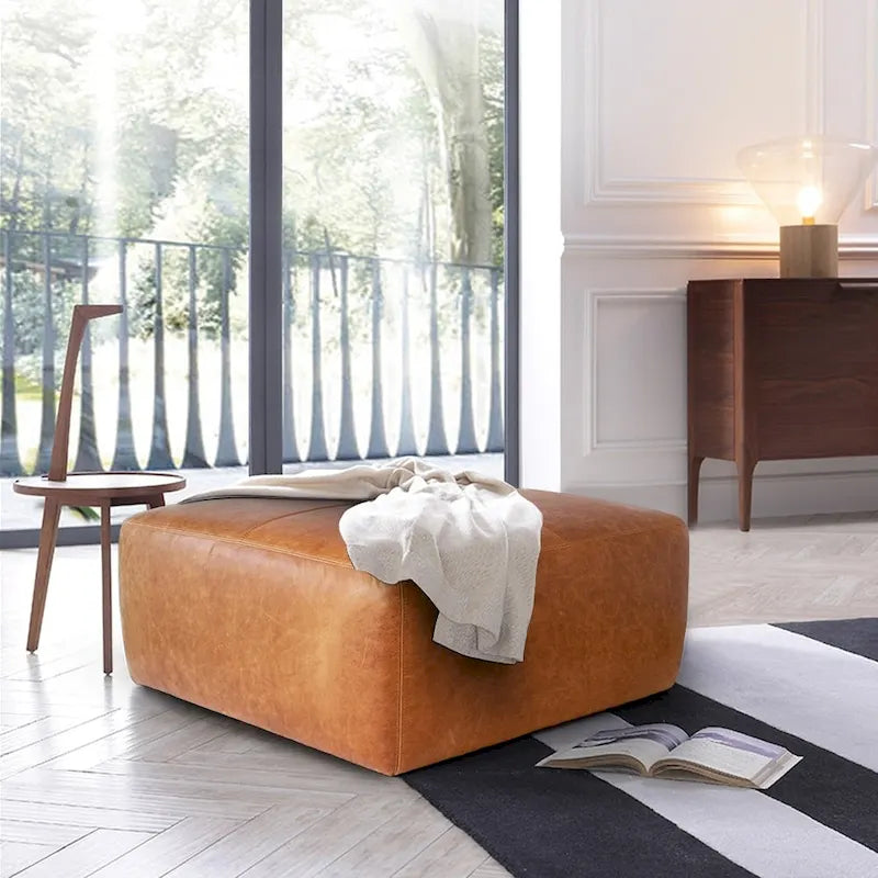 Full Grain Italian Leather Ottoman - Large Square Footrest with Feather Down Cushioning