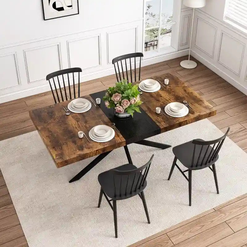Grondin Retro Farmhouse Style 4-6 People Extendable Dining Table with X-Cross Metal Base and Storage Box