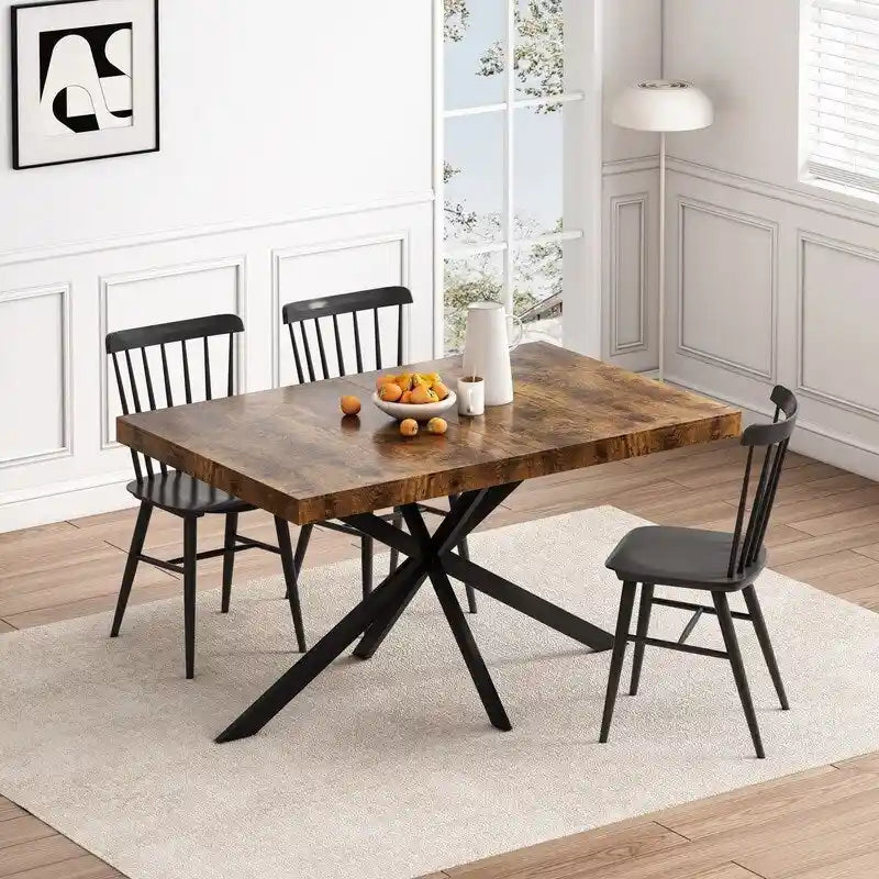 Uitschuifbare eettafel in retro boerderijstijl voor 4-6 personen met X-vormig metalen onderstel en opbergvak