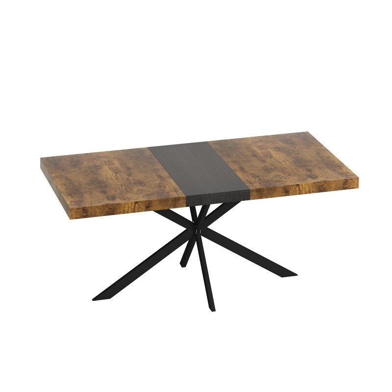 Uitschuifbare eettafel in retro boerderijstijl voor 4-6 personen met X-vormig metalen onderstel en opbergvak