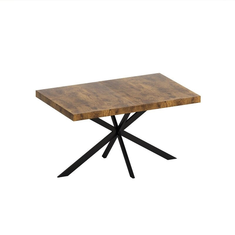 Uitschuifbare eettafel in retro boerderijstijl voor 4-6 personen met X-vormig metalen onderstel en opbergvak