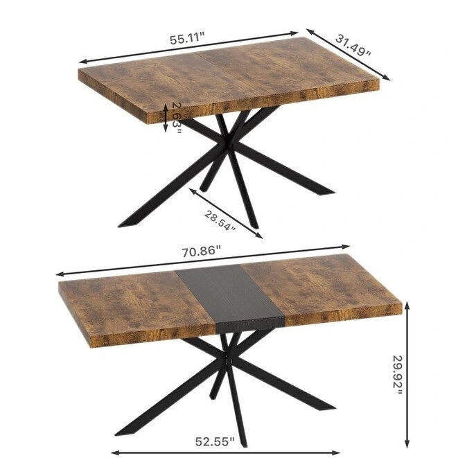 Uitschuifbare eettafel in retro boerderijstijl voor 4-6 personen met X-vormig metalen onderstel en opbergvak