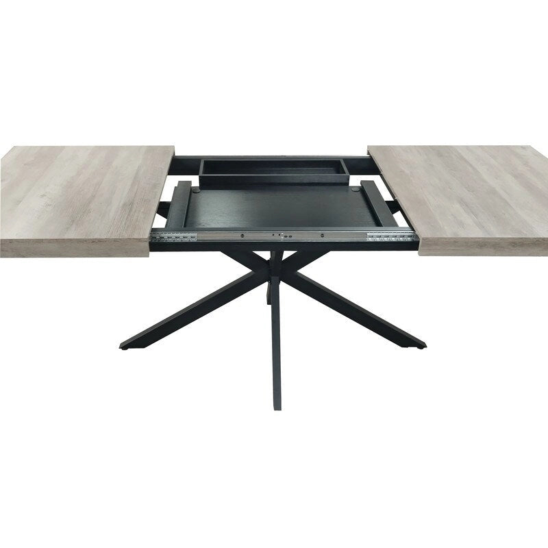 Uitschuifbare eettafel in retro boerderijstijl voor 4-6 personen met X-vormig metalen onderstel en opbergvak