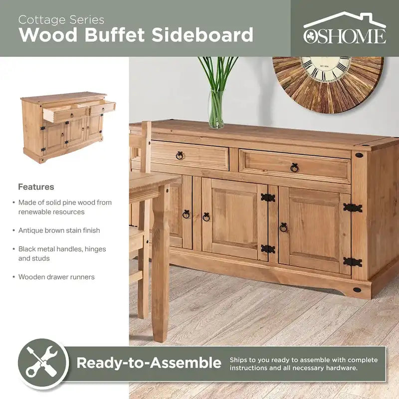 Cottage Series Wood Buffet Sideboard in Corona Brown