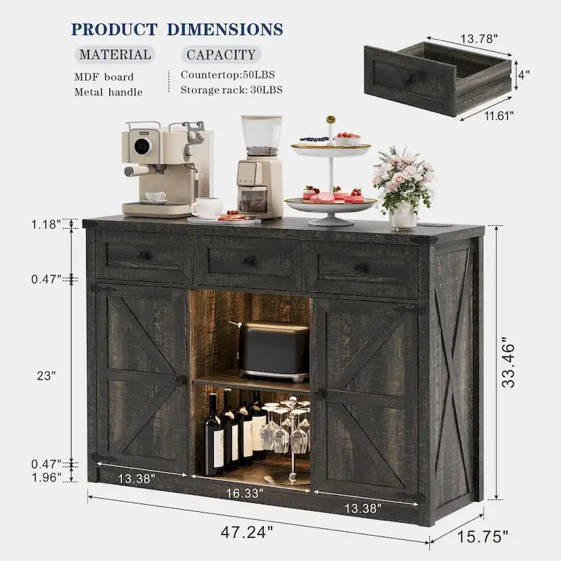 47-Inch Sideboard with Storage Drawers and LED Lighting