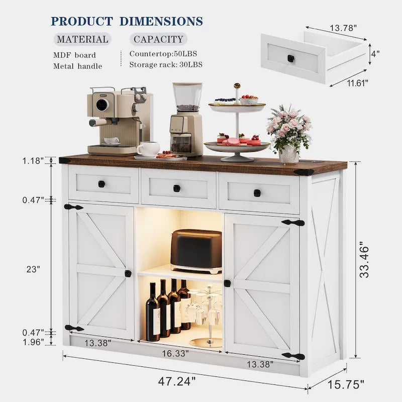 47-Inch Sideboard with Storage Drawers and LED Lighting